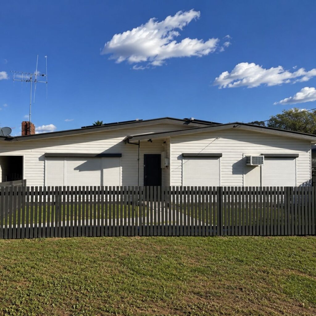 house with grey fence around it